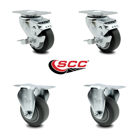 Service Caster 3 Inch Thermoplastic Rubber Swivel Top Plate Caster Set with 2 Brakes 2 Rigid SCC-20S314-TPRB-TLB-2-R-2